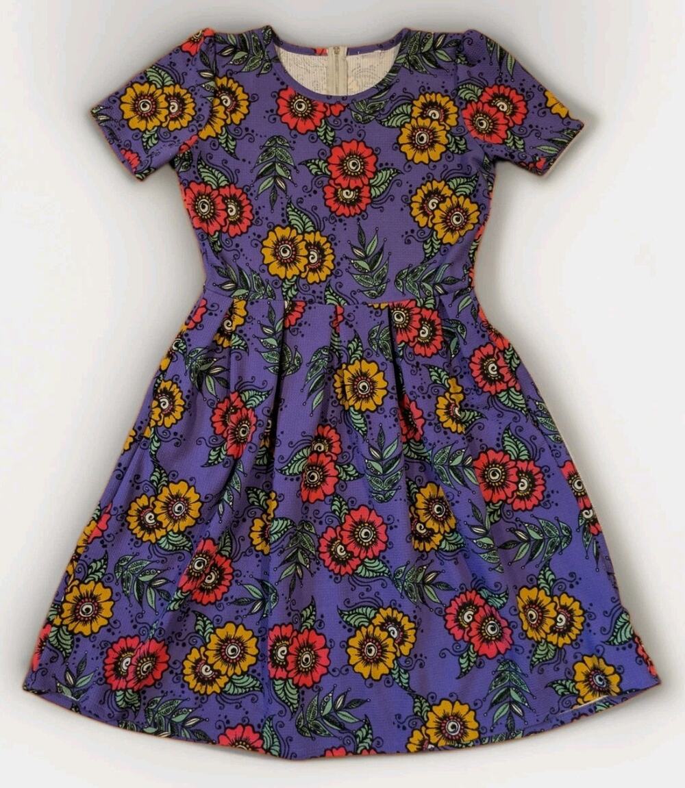 LuLaRoe Amelia Dress S Purple Sunflower Floral Fit Flare Pleated Pockets Rare
